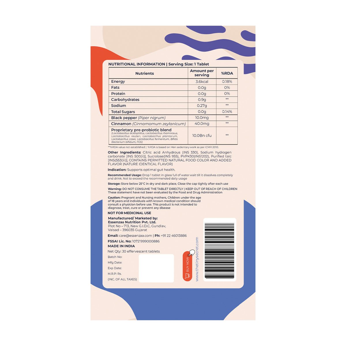 Gut Health Probiotic Effervescent Tablets | 30 Effevescent Tablets | Pack of 1 - The Tiny Secret