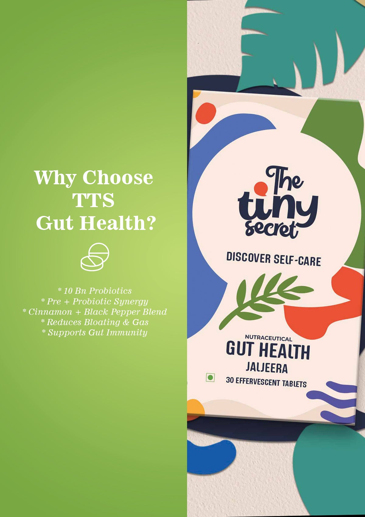 TTS Gut Health | 30 Effervescent Tablets | 10 Billion Probiotics | Jal Jeera Flavour