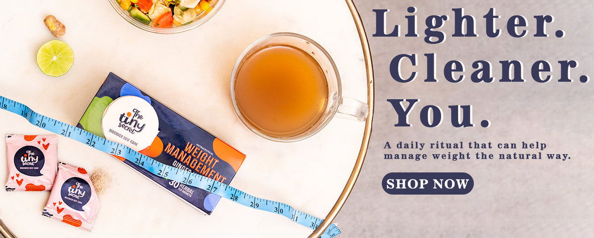 Tea, snacks, and a measuring tape on a table with promotional text for a weight management product.