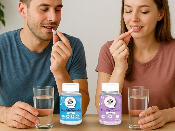 Men And Women Eating The Tiny Secret Multivitamin Tablet