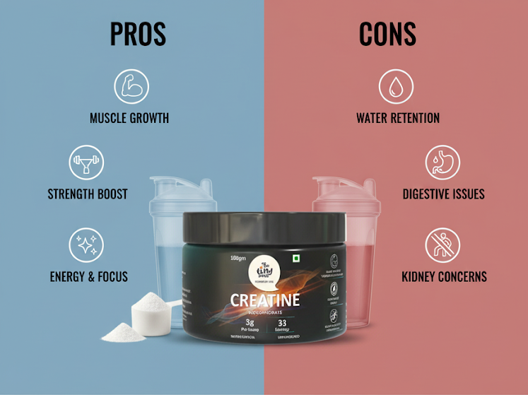 Visual comparison of creatine pros and cons with The Tiny Secret Creatine powder featured in the middle.