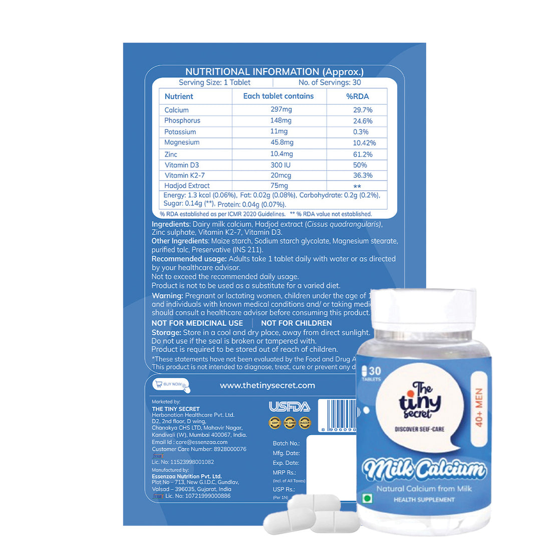 Milk Calcium Tablets for 40+ Men| 30 Tablets | Pack of 1