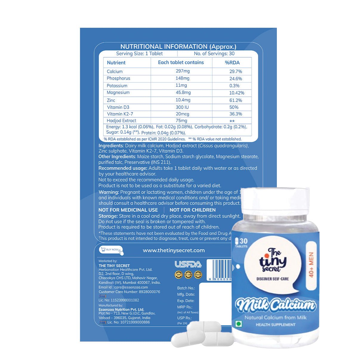 Milk Calcium Tablets for 40+ Men| 30 Tablets | Pack of 1 - The Tiny Secret