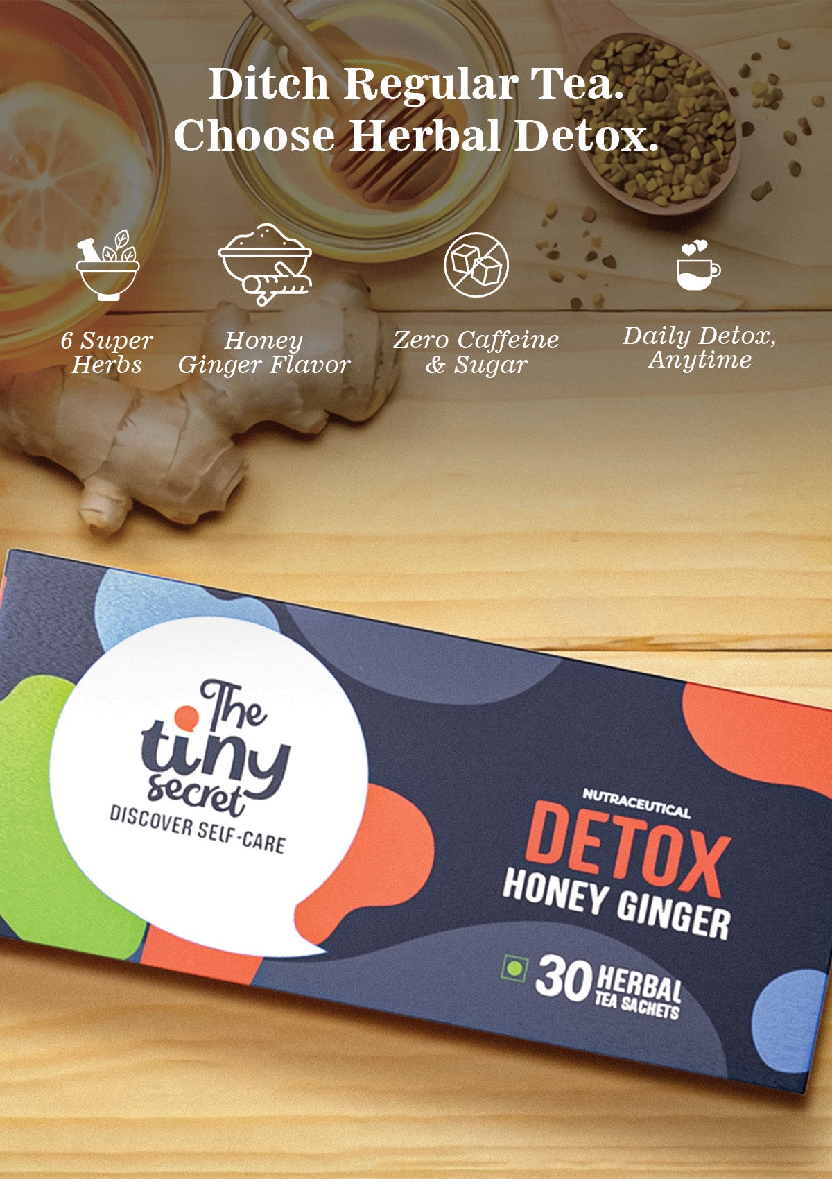 TTS Detox Tea | Honey Ginger Herbal Tea | 30 Sachets | 6 Super Herbs