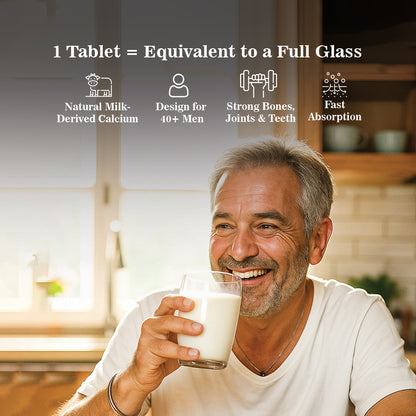 Man holding a glass of milk with product benefits listed above him